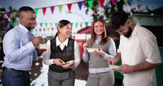 Group Of Friends Having Fun Eating Street Food Meal