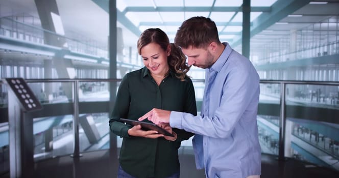 Elevator Pitch With Tablet In Lift. Two People Talking