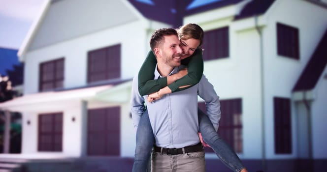 Portrait Of A Happy Family Standing Outside Their House With Solar Panels On Roof