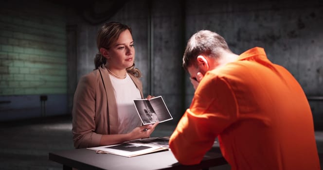 Criminal Defense Attorney In Prison. Police Investigator In Interrogation Room