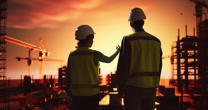 Silhouette Of An Architect Showing Something To His Partner At Construction Site