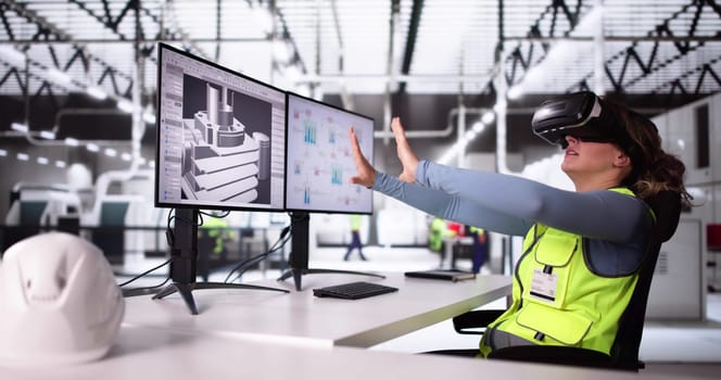 Virtual Reality Headset And Industrial Factory. VR Technology