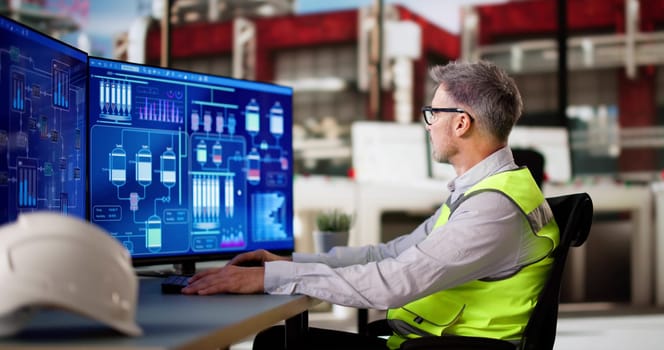 Oil And Gas Automation Using Computer. Engineer Analyst Monitoring Industrial Production