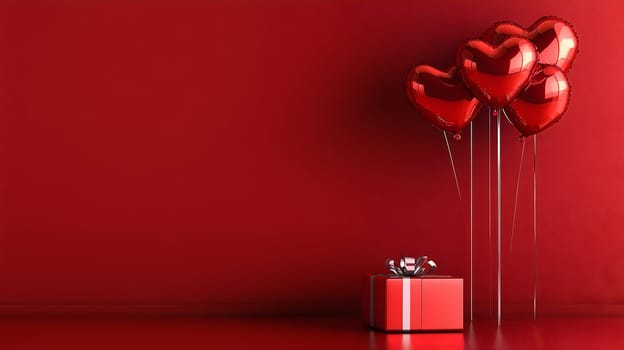 Elegant red-themed composition featuring shiny heart-shaped balloons and a wrapped gift box against a minimalist background. A stylish and romantic setting perfect for love and celebration.