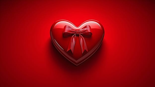 Elegant heart-shaped gift box wrapped with a shiny red bow, placed on a vivid red background. A perfect symbol of love, romance, and special celebrations like Valentine's Day.