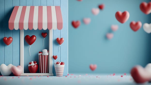 Adorable miniature candy shop with red and pink heart decorations floating in a pastel blue background. A sweet and festive setting perfect for Valentine’s Day and romantic celebrations