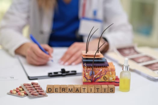 A dermatologists workspace beautifully showcasing various dermatitis treatment tools, medications, and resources