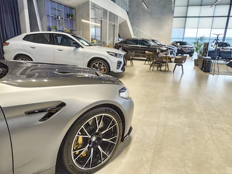 Tumen, Russia - November 09, 2024: Car in nice showroom of dealership BMW