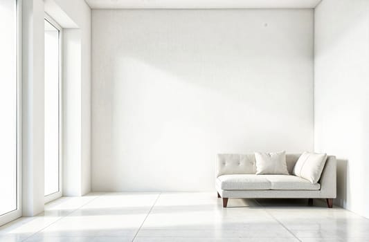 Bright and airy interior features a minimalist sofa against a spacious, light-colored wall, offering a perfect area for text inclusion.