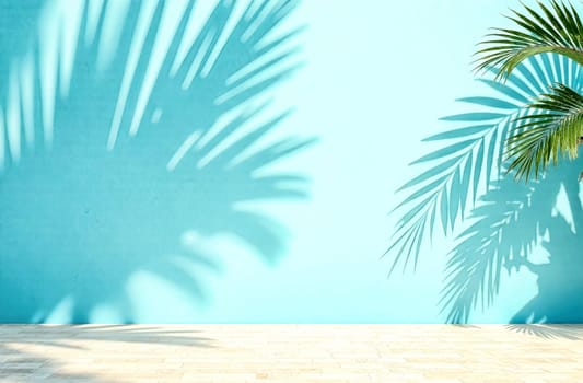 Turquoise wall adorned with palm shadows offers a serene backdrop for minimalistic design, perfect for creativity and relaxation.