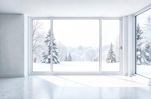 Spacious interior showcases a winter landscape with snow-covered trees, inviting natural light and a tranquil atmosphere for relaxation.