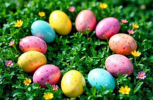 Brightly colored Easter eggs are artistically arranged in a circular pattern on lush green grass, surrounded by small spring flowers.