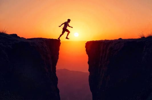 A man courageously jumps across a deep gorge at sunset, symbolizing problem-solving and overcoming difficulties in life.