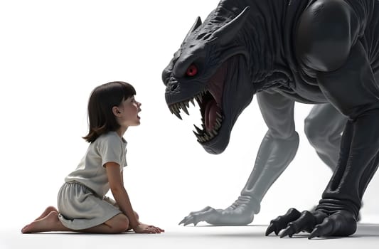 A child kneels facing a terrifying monster, illustrating the brave confrontation of fears and the unknown in a vibrant animated setting.