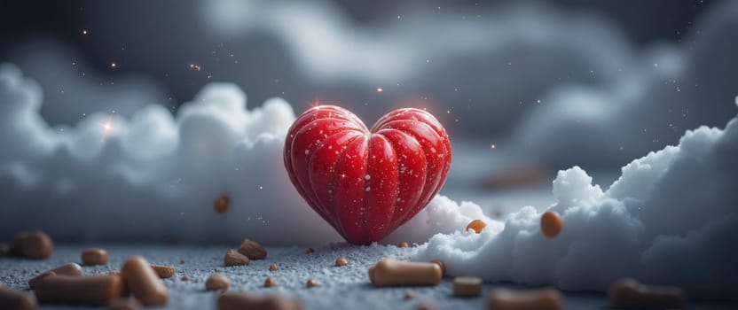 A heart is sitting on a pile of pills. The heart is red and the pills are white. The image has a dark and moody atmosphere