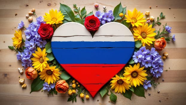 A heart made of flowers and a flag of Russia. The heart is red and white with a blue stripe