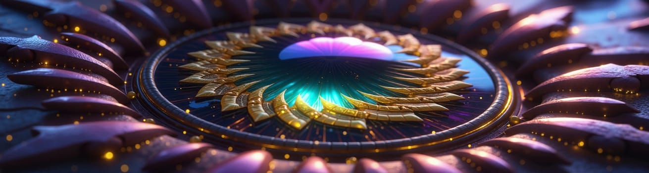 A colorful, abstract design with a blue and gold center. The design is made up of many small, intricate shapes that seem to be floating in the air. Scene is one of wonder and awe
