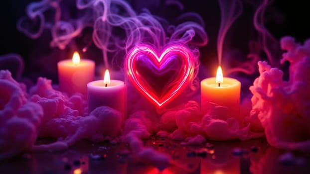A heart is lit up in the middle of three candles. The candles are pink and the heart is red. The scene is romantic and intimate