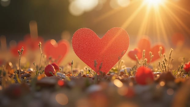 A field of red hearts is illuminated by the sun, creating a warm and romantic atmosphere. The sun's rays are scattered across the field, highlighting the beauty of each individual heart