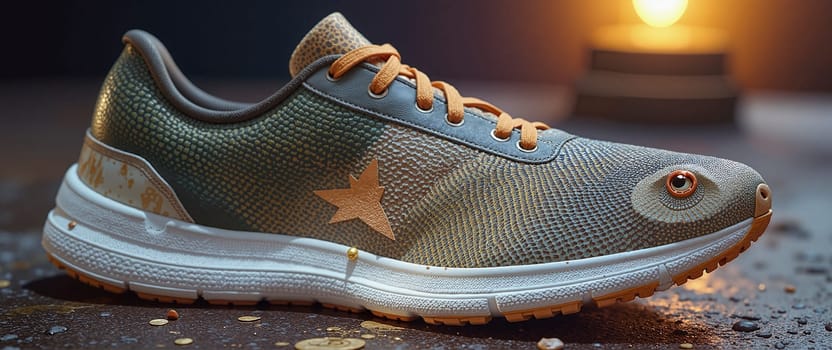 A shoe with a star on it is shown on a wet surface. The shoe is a Nike shoe and is orange and gray