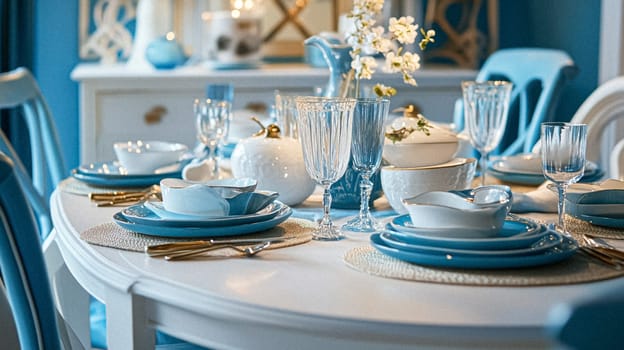 Elegant cottage or country house room, blue colour interior design and home decor, furniture and soft furnishing fabric and upholstery, English countryside style idea