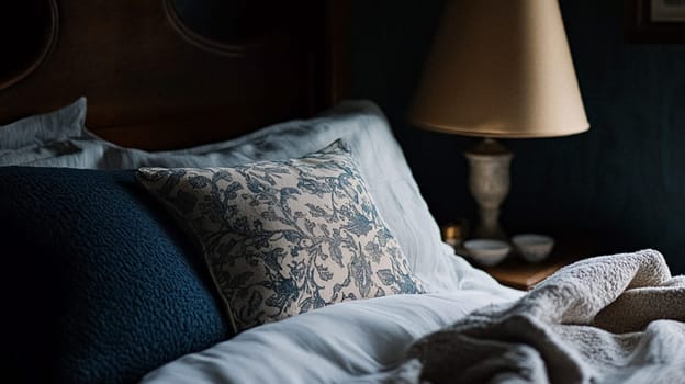 Elegant cottage or country house room, blue colour interior design and home decor, furniture and soft furnishing fabric and upholstery, English countryside style idea