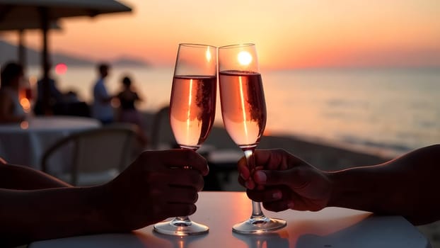 A couple toasts with pink champagne at a seaside cafe during sunset, capturing romance in every detail. High quality photo