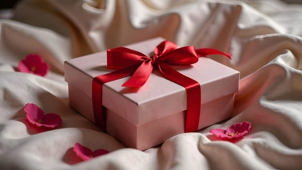 A beautifully wrapped gift box with a red ribbon lies on a silky bed adorned with delicate pink rose petals. High quality photo