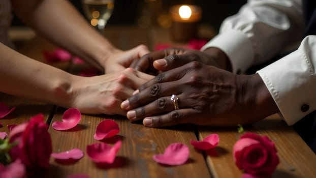 The couple's hands, adorned with rings, rest on a wooden table filled with rose petals, flickering candles, and champagne glasses, creating an intimate atmosphere. High quality photo