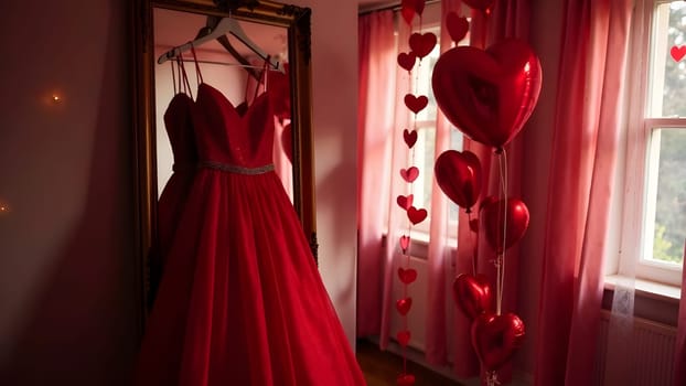 A striking red dress on the back of a chair is the focal point of a room filled with heart-shaped decorations and balloons. High quality photo