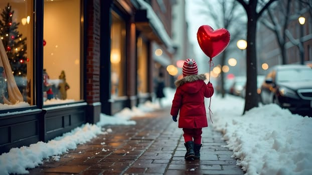 A child holding a red heart-shaped balloon stands on a snowy sidewalk with bright storefront displays in the background. High quality photo