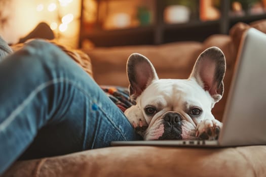 A relaxed French Bulldog enjoys a cozy moment with its owner, who is working on a laptop. The warm atmosphere creates a sense of comfort and companionship.