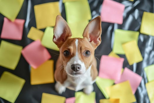 This charming dog showcases a curious demeanor, surrounded by vibrant sticky notes on a dark surface, creating a playful and artistic atmosphere perfect for various projects.