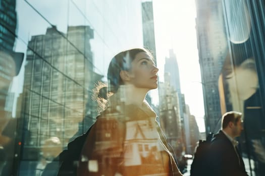 A thoughtful woman gazes at a stunning city skyline reflected in a glass building, capturing a moment of reflection amidst an urban landscape.