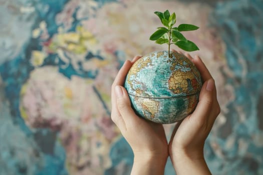 A visual representation of caring for the planet, featuring hands holding a globe with a growing plant, symbolizing environmental awareness and sustainability.