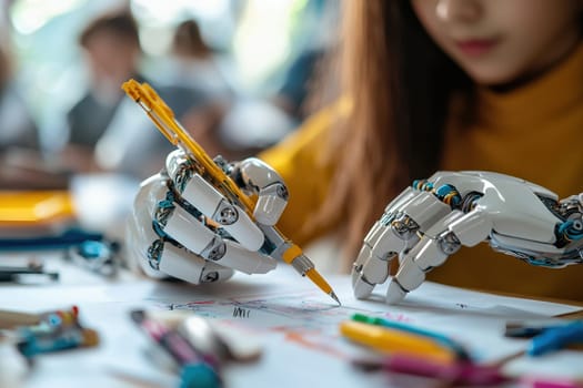 A futuristic scene where robotic hands skillfully draw with a pen in a classroom, highlighting the blend of art and advanced technology.