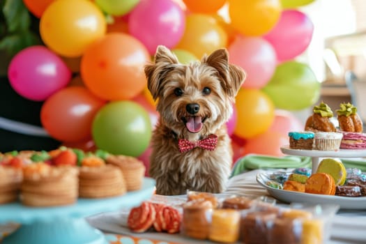 A charming Yorkshire Terrier sits proudly among a table of colorful desserts and a backdrop of vibrant balloons, radiating joy and celebration.