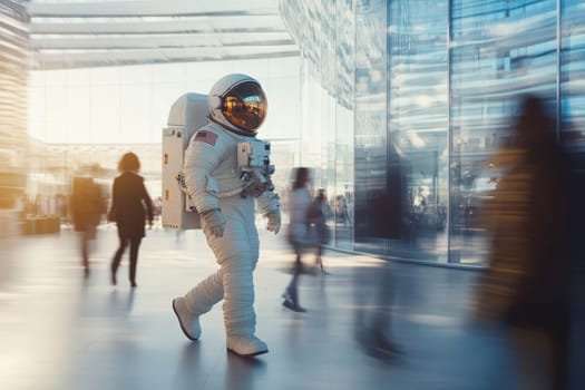 An astronaut strolls through a contemporary urban environment, surrounded by busy pedestrians, creating a fascinating juxtaposition of space exploration and modern city life.