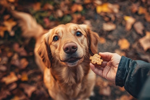 A cheerful golden retriever eagerly looks at a hand holding a dog treat amidst fallen autumn leaves, capturing a joyful moment of companionship.