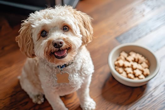 A cheerful fluffy dog with curly fur sits by a bowl of tasty treats on a polished wooden floor, radiating joy and companionship.