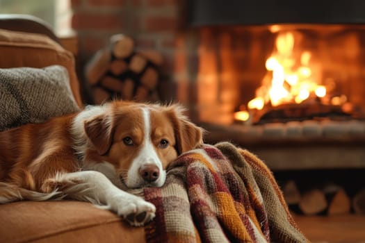 A serene scene of a relaxed dog resting on a couch beside a glowing fireplace, wrapped in a soft blanket, showcasing comfort and warmth in a cozy home setting.