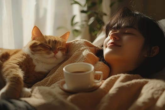 A serene moment captures a woman and her cat peacefully sleeping together, surrounded by soft light and warmth. A cup of coffee rests nearby, enhancing the cozy atmosphere.