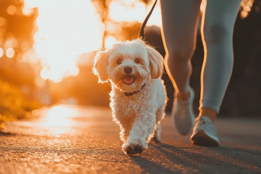 A joyful small dog walks alongside its owner during sunset, illuminating their path with warm golden light. This serene moment captures the essence of companionship.