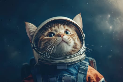 A charming cat in an astronaut helmet gazes into the depths of space. This whimsical image captures the essence of exploration and adventure among stars.