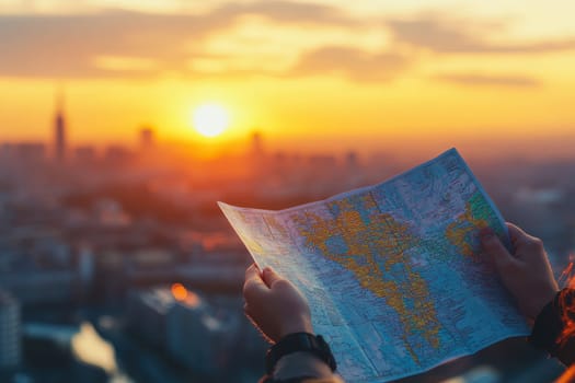 A person holds a colorful map in their hands against a stunning sunset backdrop, showcasing a vibrant urban skyline. The warm colors capture the essence of adventure.