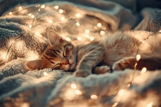 A charming scene of a cat sleeping peacefully amidst warm, glowing lights on a soft blanket, epitomizing comfort and tranquility. Perfect for cozy themes.