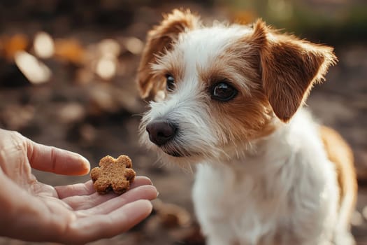 An adorable small dog intently looks at its owner hand offering a treat in a picturesque outdoor setting, showcasing the bond between pets and their humans.