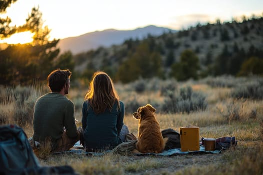 A young couple sits peacefully with their dog, enjoying a stunning sunset in a natural setting, surrounded by mountains and trees.