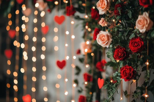 A beautiful romantic backdrop featuring red and pink roses intertwined with heart shapes and glowing lights, ideal for weddings and special events.