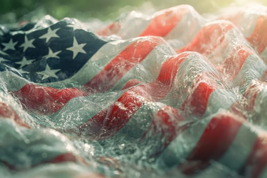 A stunning visual of an American flag immersed in flowing water. This image captures patriotism and freedom with vibrant colors and delicate details.